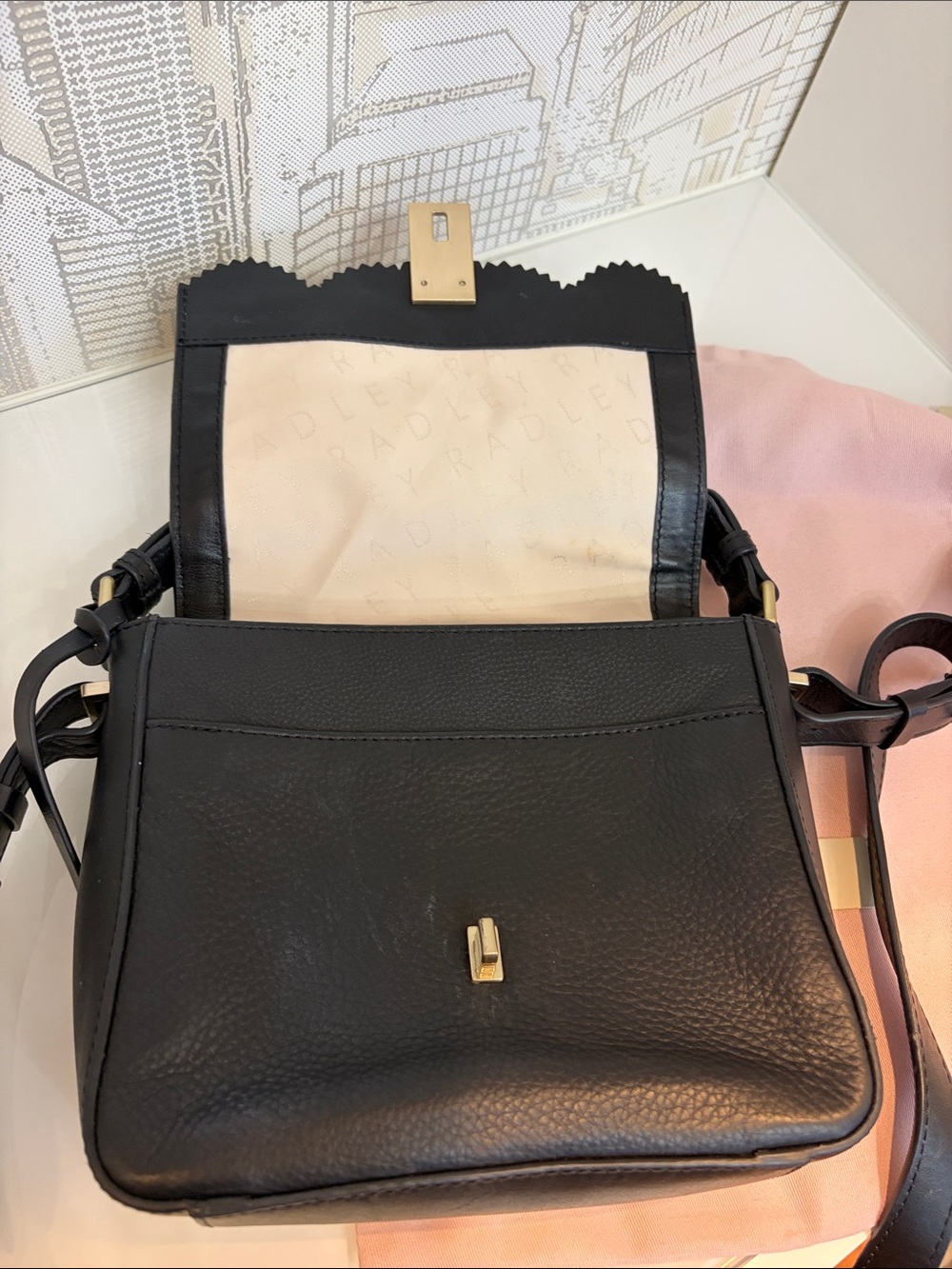 RADLEY LONDON Black Leather Crossbody with Cream Floral Cutouts and Gold Lock - Picture 12 of 16
